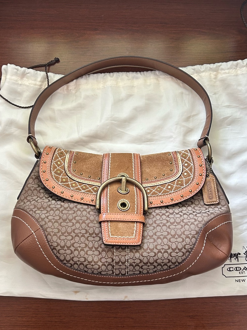 Coach Brown Studded Soho in Signature Canvas, Leather, and Suede
